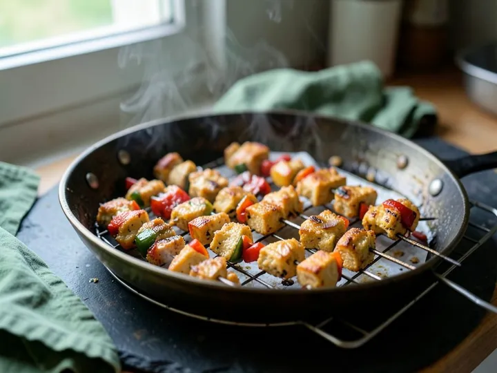 Step 5 of Oven Paneer Tikka with Peppers and Onion: Lay the skewers across the rack