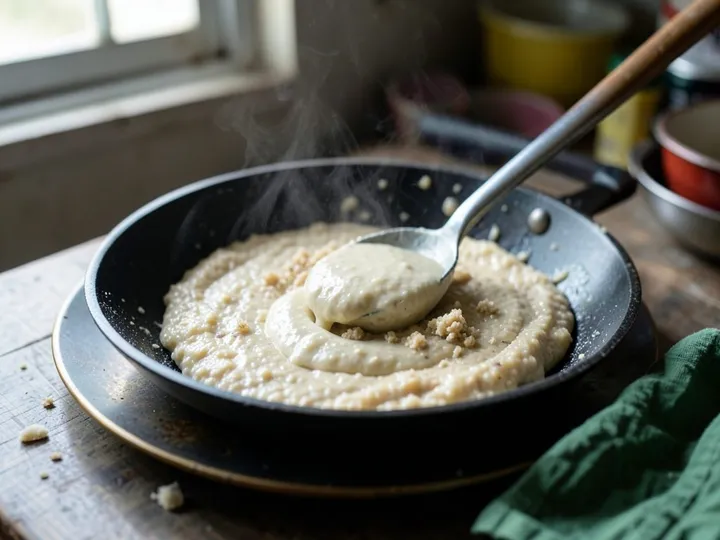Step 5 of Rava Uttapam (Instant Semolina Uttapam): Pour a ladle of batter