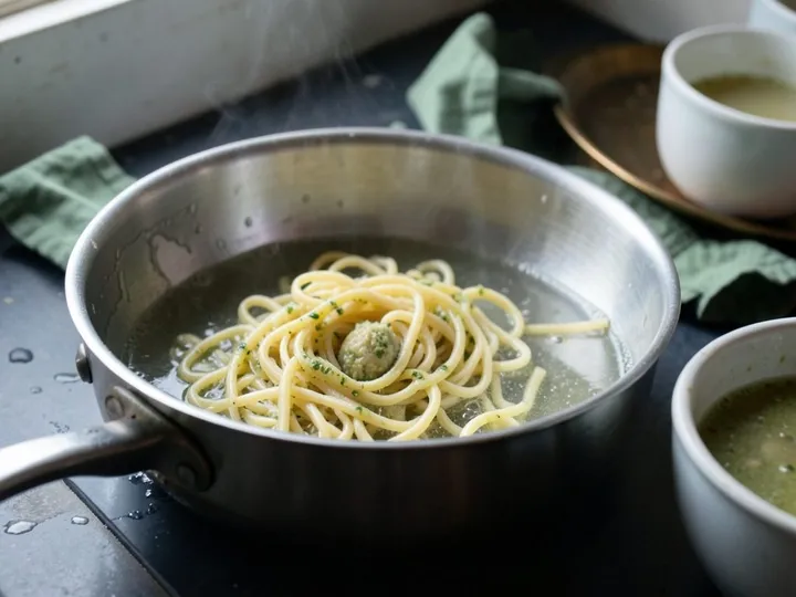 Step 5 of Classic Basil Pesto Pasta: Cook the pasta in the boiling water for 1 minute less than the packet time