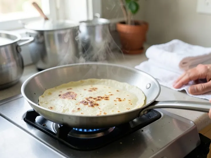 Step 6 of Zesty Fish Tacos with Lime Slaw: Warm the tortillas one at a time in a dry pan over medium-high heat for 20 to 30 seconds per side