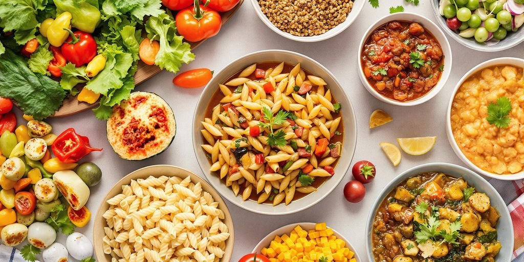 Colorful assortment of fresh ingredients and prepared dishes.