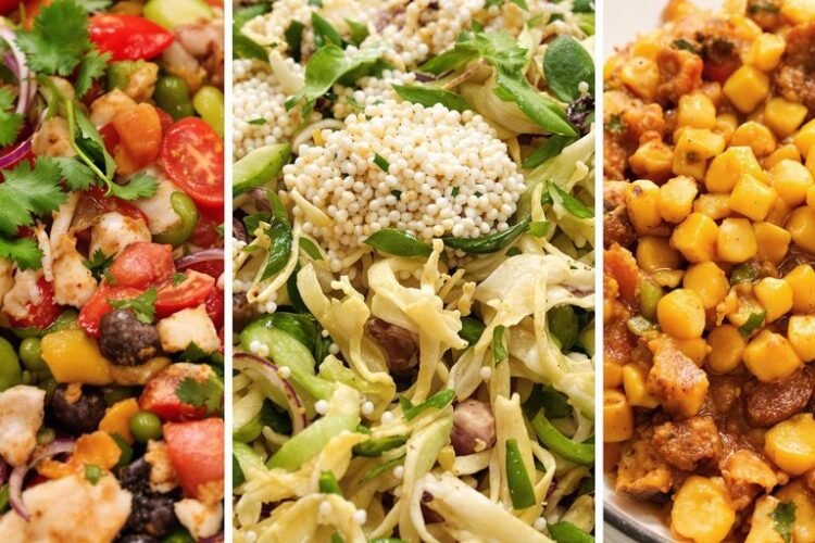 Vibrant vegan dishes arranged attractively.
