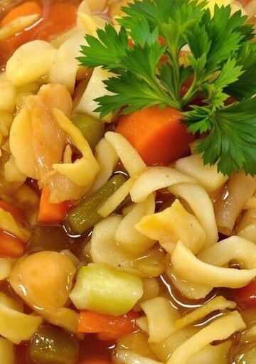 Bowl of vibrant cabbage soup with fresh vegetables.