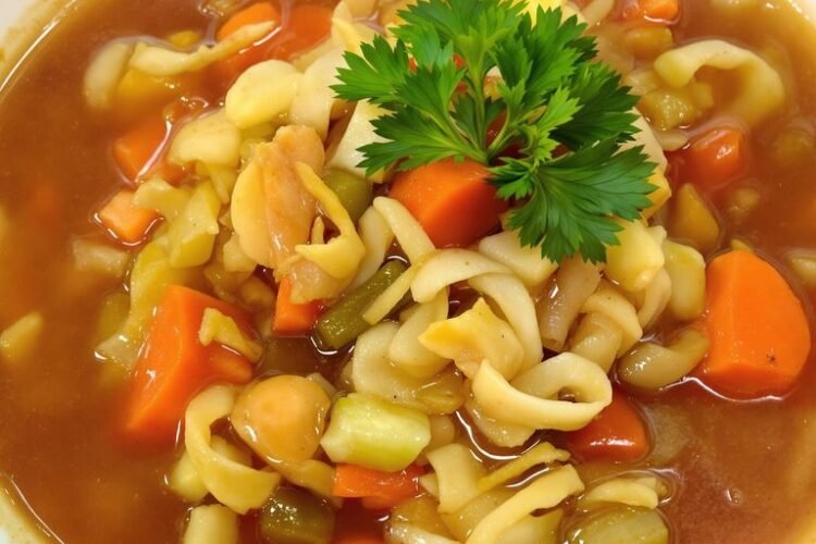 Bowl of vibrant cabbage soup with fresh vegetables.