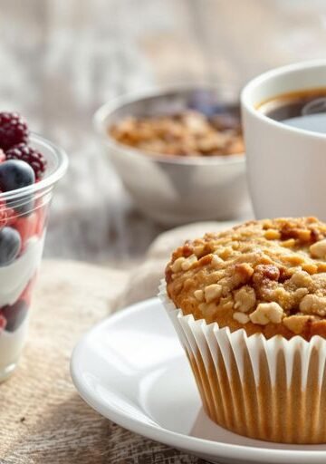 Grab-and-go breakfast with fresh fruit and coffee.