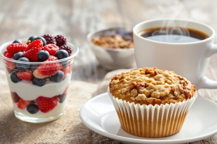 Grab-and-go breakfast with fresh fruit and coffee.