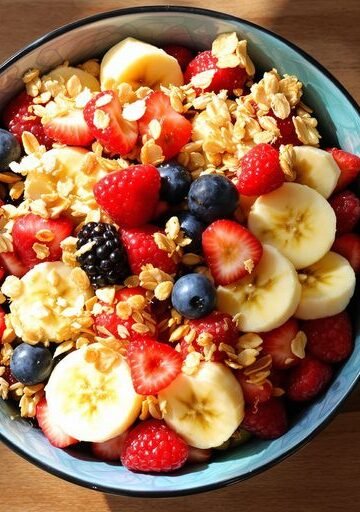 Bowl of fruit and oatmeal with nuts.