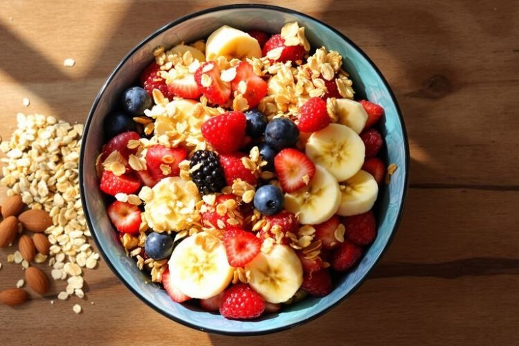 Bowl of fruit and oatmeal with nuts.