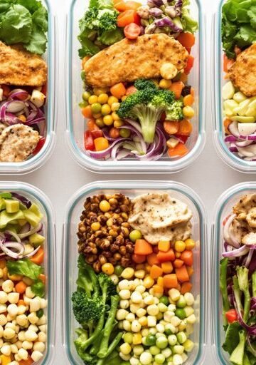Vibrant vegetarian meals in meal prep containers.