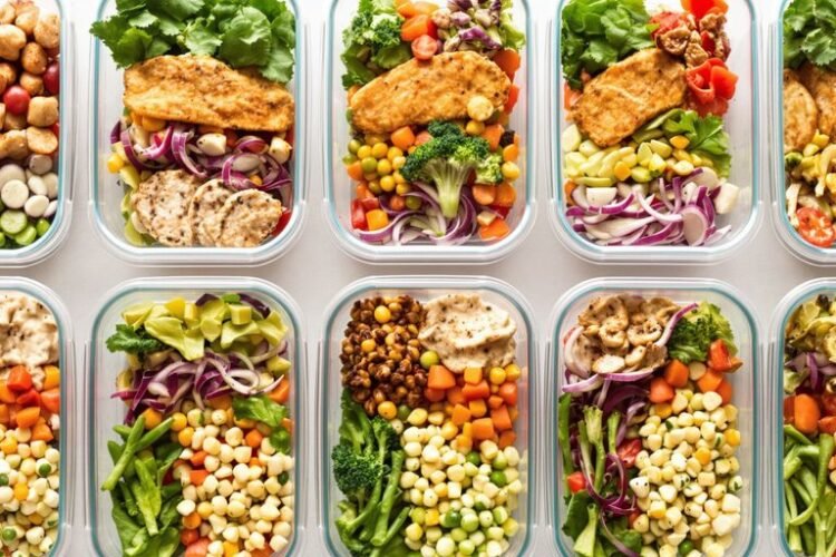 Vibrant vegetarian meals in meal prep containers.