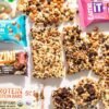 Assortment of colorful protein bars.