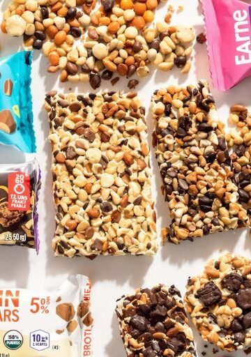 Assortment of colorful protein bars.