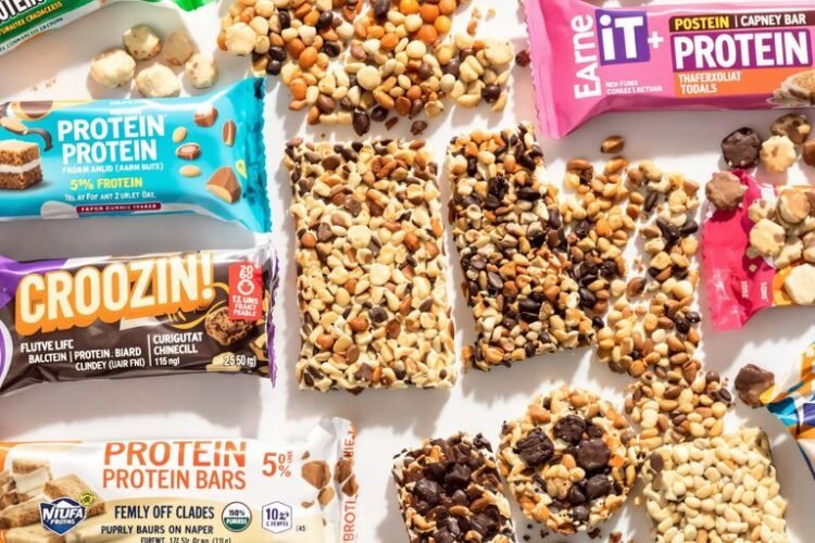 Assortment of colorful protein bars.