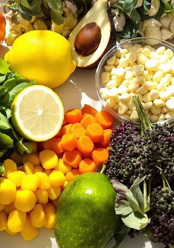 Five colorful ingredients arranged artfully for breakfast.