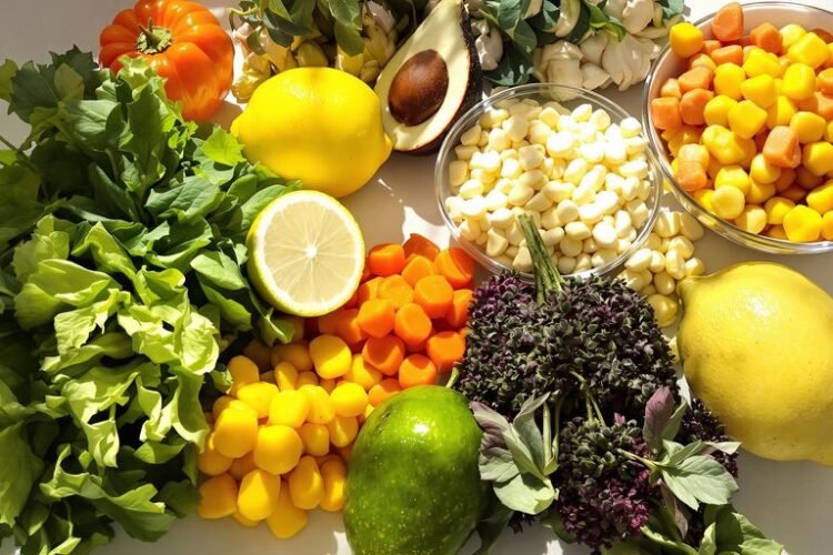 Five colorful ingredients arranged artfully for breakfast.