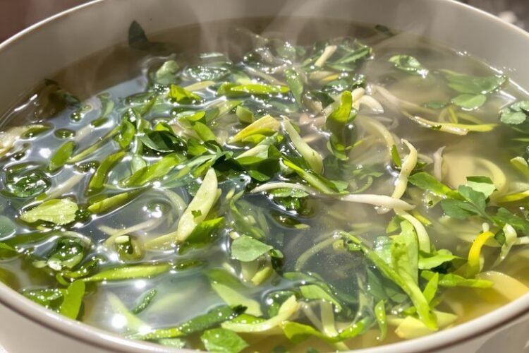 Bowl of clear broth with floating vegetables.
