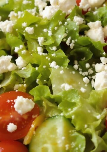 Vibrant salad with fresh greens, colorful vegetables, and a creamy dressing.