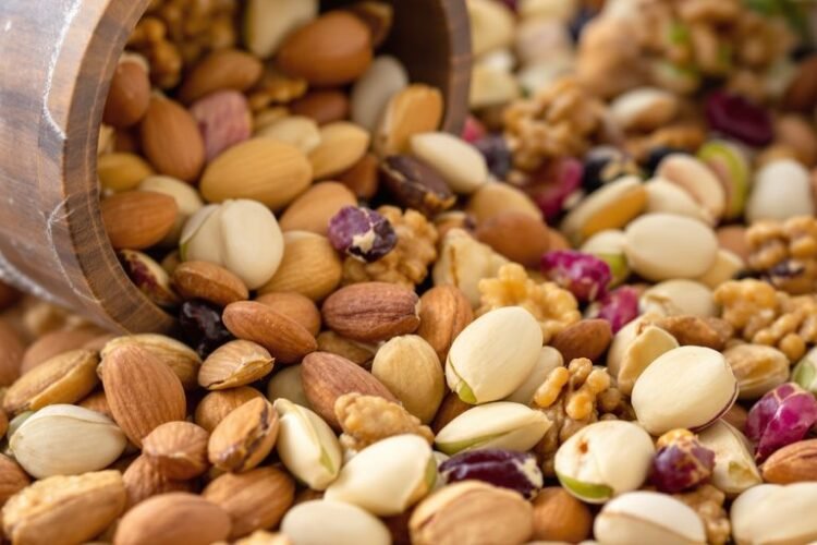 Assortment of healthy nuts in a bowl.