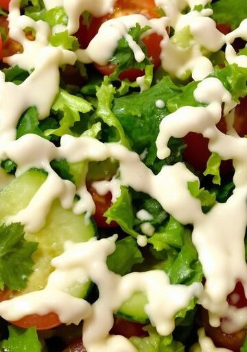 Fresh salad with vibrant vegetables and creamy dressing.