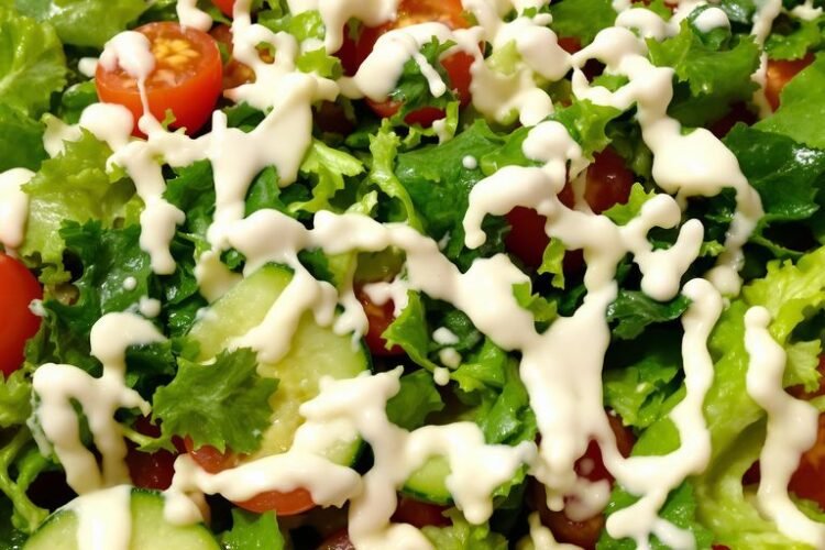 Fresh salad with vibrant vegetables and creamy dressing.