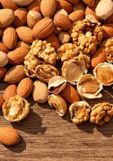 Assorted nuts on a wooden surface.