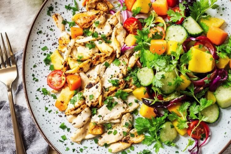Colorful FODMAP-friendly dinner plate with vegetables and protein.
