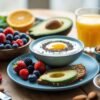 A healthy breakfast with mixed berries, Greek yogurt with honey, avocado toast, orange juice, and almonds on a wooden table.