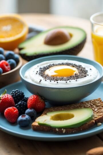 A healthy breakfast with mixed berries, Greek yogurt with honey, avocado toast, orange juice, and almonds on a wooden table.