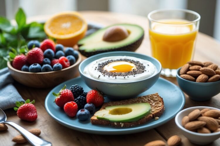 A healthy breakfast with mixed berries, Greek yogurt with honey, avocado toast, orange juice, and almonds on a wooden table.