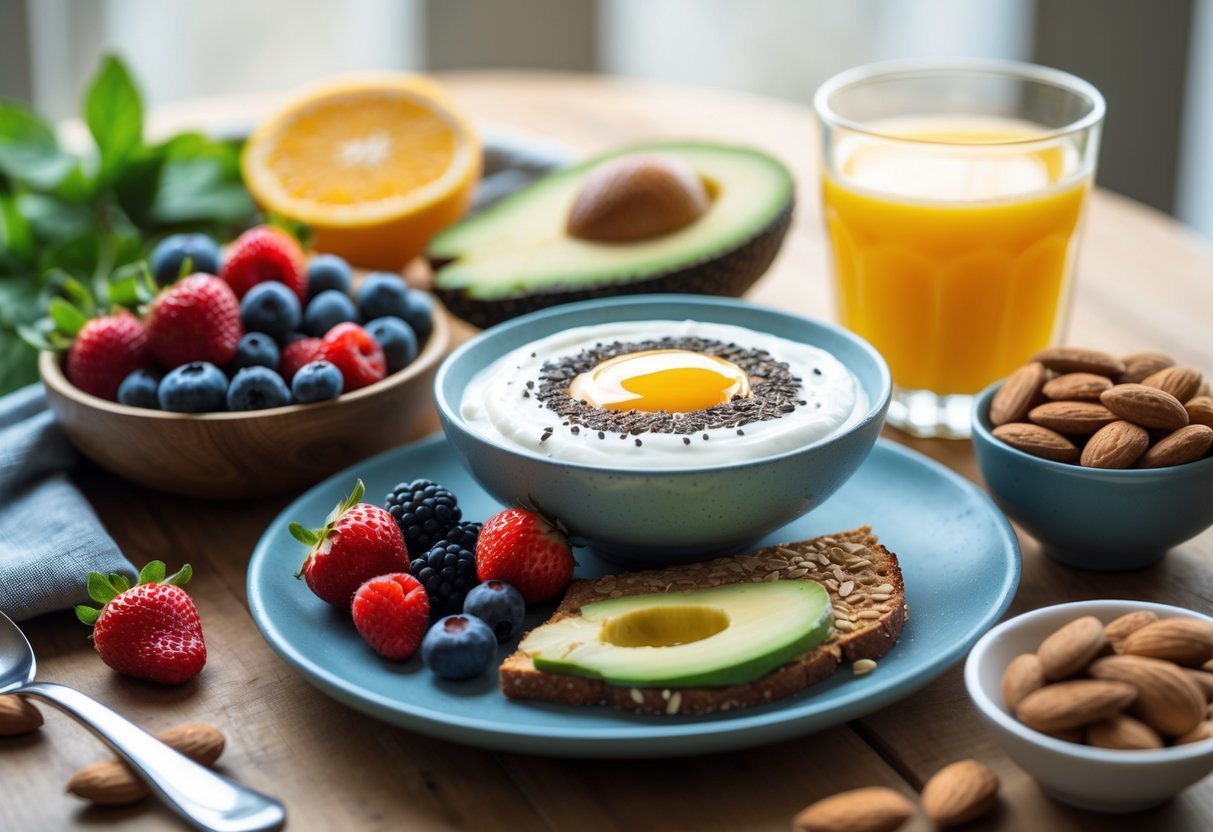 A healthy breakfast with mixed berries, Greek yogurt with honey, avocado toast, orange juice, and almonds on a wooden table.