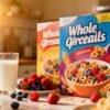 Healthy cereals with berries and milk on a counter.