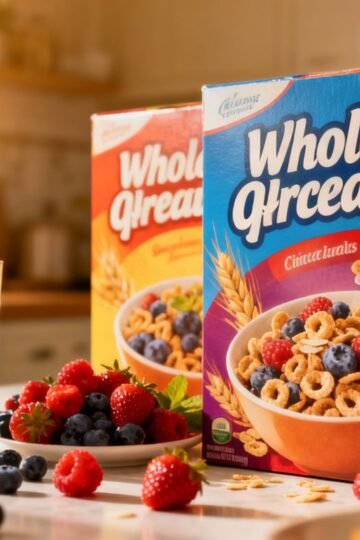 Healthy cereals with berries and milk on a counter.