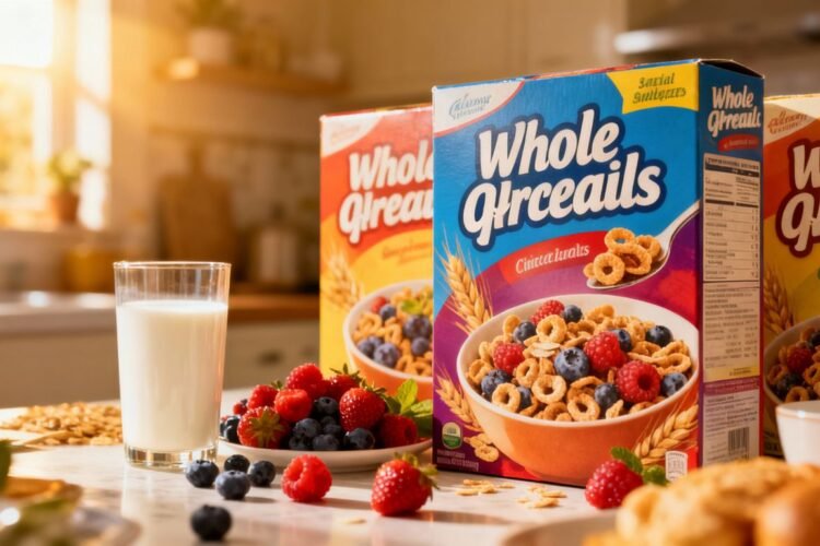 Healthy cereals with berries and milk on a counter.