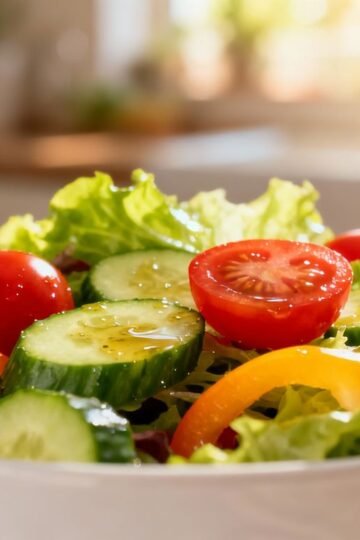 Fresh garden salad with crisp vegetables and vinaigrette.