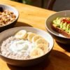 Healthy weight loss breakfast bowls with fruit and avocado toast.