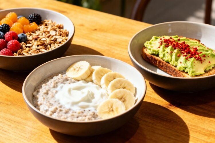 Healthy weight loss breakfast bowls with fruit and avocado toast.