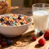Healthy breakfast cereal options with fruits and milk.