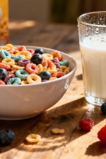 Healthy breakfast cereal options with fruits and milk.