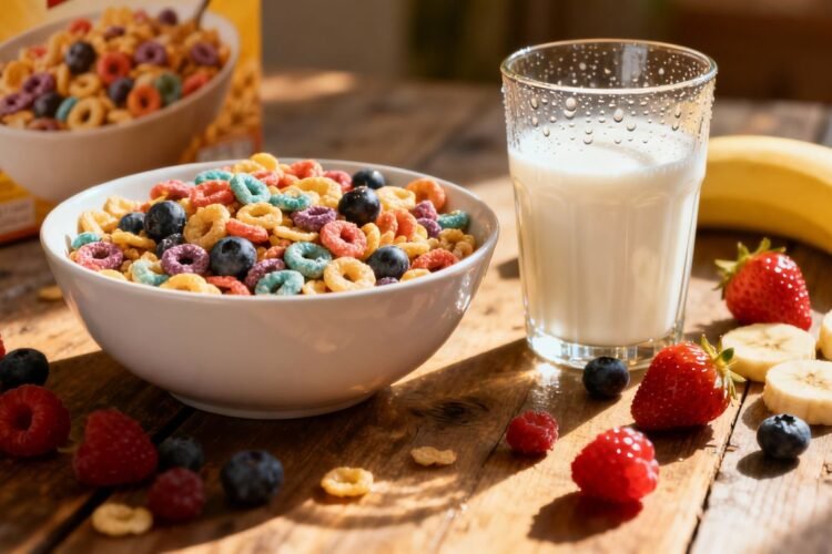 Healthy breakfast cereal options with fruits and milk.