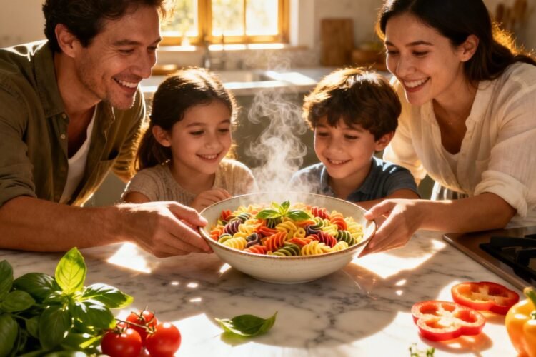 Family enjoying a quick, delicious weeknight dinner.