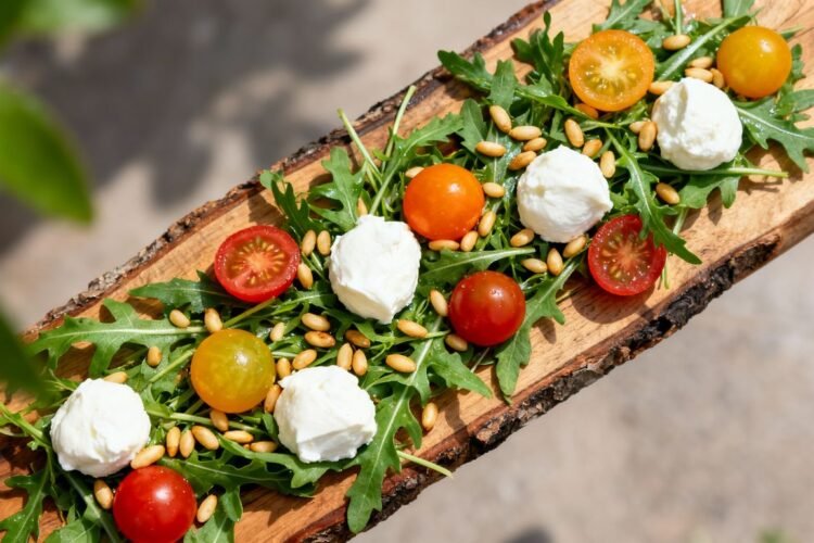 Creative salad with rocket, tomatoes, and mozzarella.