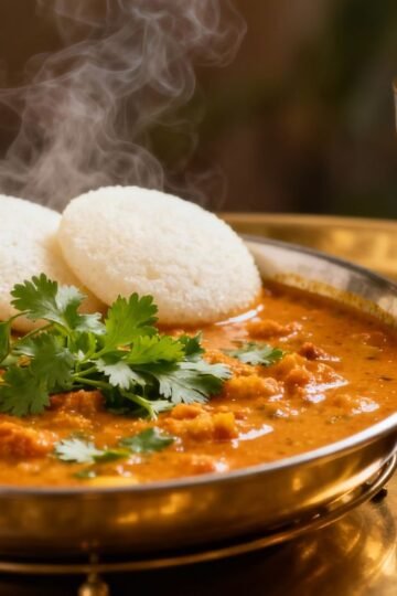 Indian breakfast spread with idli, sambar, and chai.