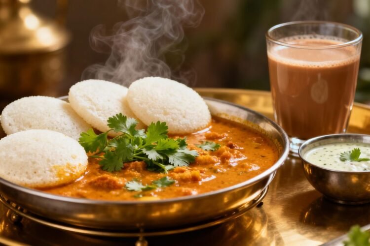 Indian breakfast spread with idli, sambar, and chai.
