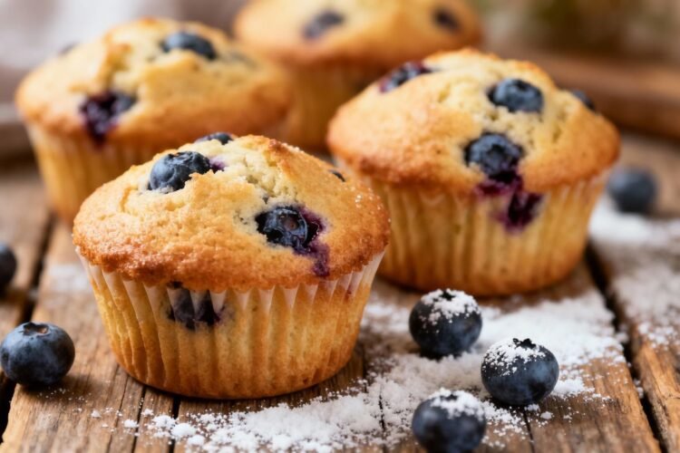 Healthy blueberry breakfast muffins on a wooden table.