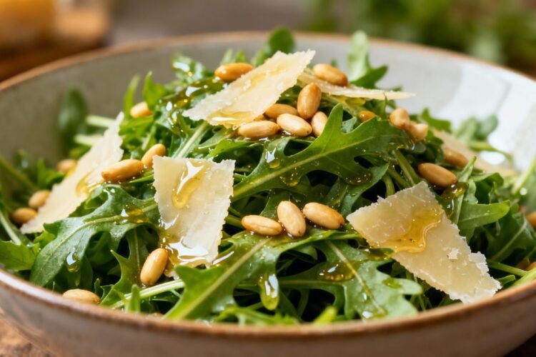 Rocket salad with dressing and toppings.