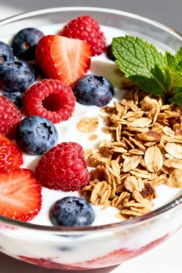 Healthy yogurt parfait with berries and granola.