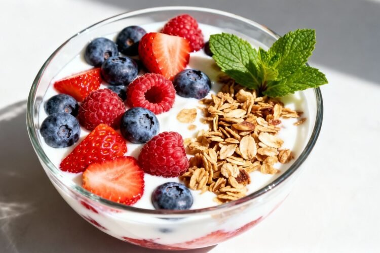 Healthy yogurt parfait with berries and granola.