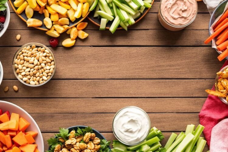 Assortment of colorful, healthy snacks on a wooden table.