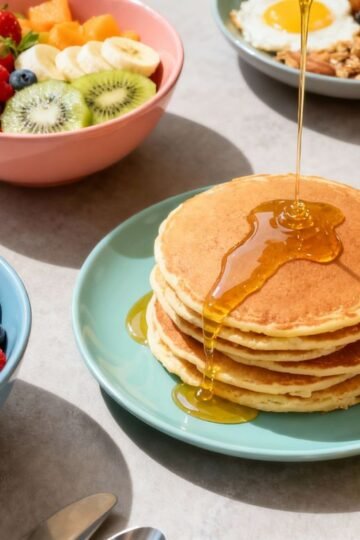 Healthy egg-free breakfast spread with fruits and pancakes.