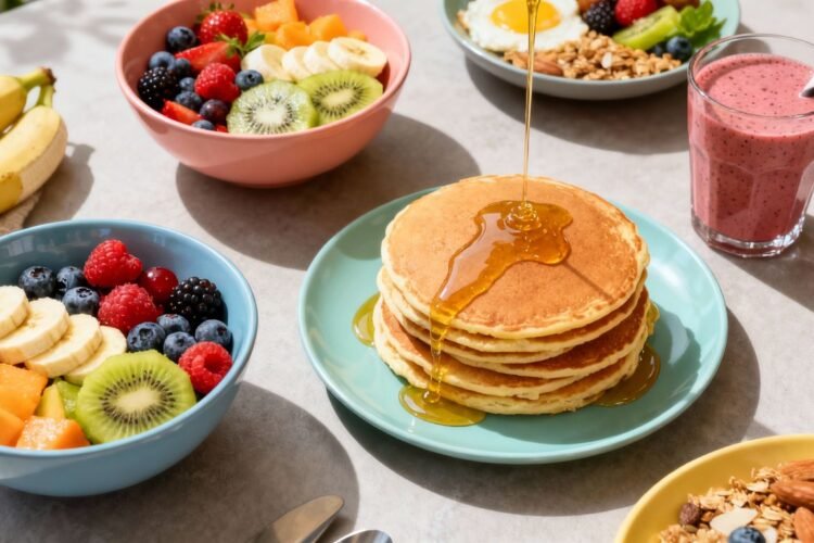 Healthy egg-free breakfast spread with fruits and pancakes.